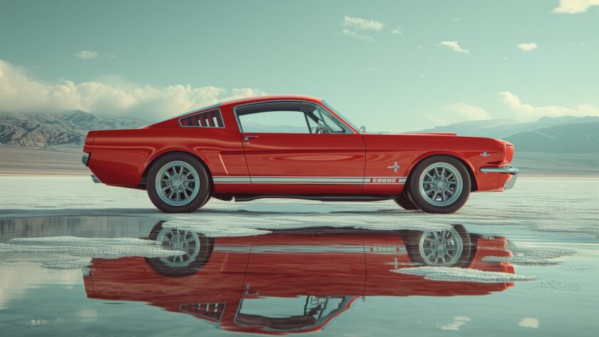 Vendre une voiture de collection : voiture classique rouge sur fond de paysage pittoresque, avec son reflet dans l'eau calme.